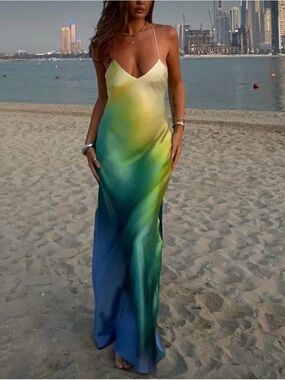 SHEIN Gradient Slip Maxi Dress in Blue, Green & Yellow